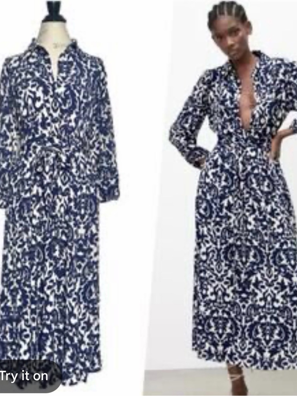 Zara Navy and White Printed Long Sleeve Maxi Dress